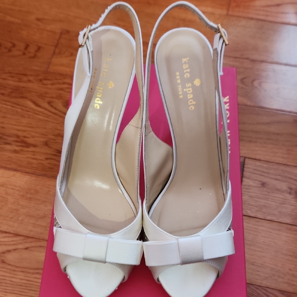 Kate Spade White Heels with Slingback and Decorative Bow
